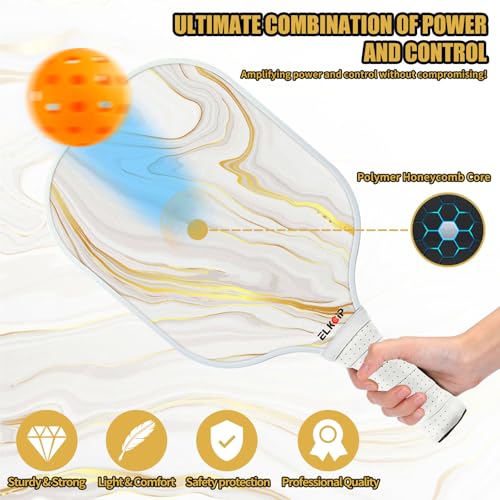 Composite Pickleball Paddle with Cover for Women, Graphite Carbon Fiber Polypropylene Honeycomb Core Pickleball Racquet Gift for Mother Wife Grandmother Girlfriend, White Marble