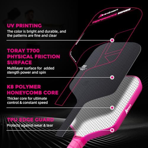 AKS Performance Series Pickleball Paddles - Toray T700 Raw Carbon Fiber Pickleball Paddle with Physical Friction Surface, 16mm Powerful Polymer Core, Good Control & Spin Shots, USAPA Approved - Pink