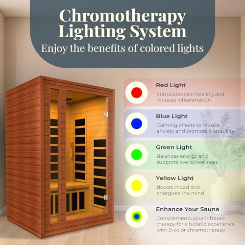 DYNAMIC SAUNAS Cardoba 2-Person Full Spectrum Infrared Sauna with Red Light Therapy & Bluetooth Speakers | Personal Indoor Dry Heat Sauna Room for Spa, Home & Gym – Made from Canadian Hemlock