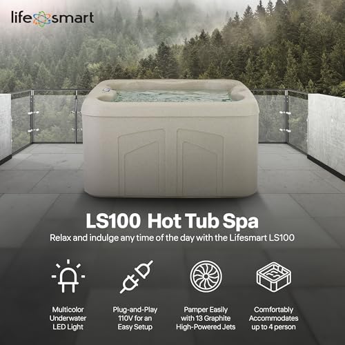 LifeSmart 4-Person Plug & Play Square Hot Tub with Thermal Cover, Sand - Home Outdoor Backyard Spa with 13 Jets and Underwater LED Light