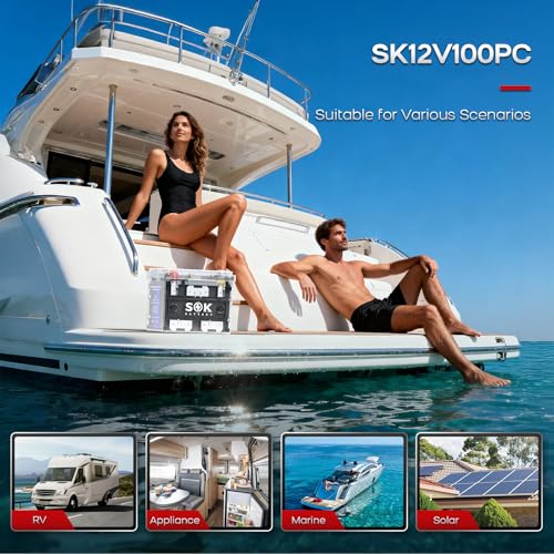 SOK Battery 12V 100Ah LiFePO4 Lithium Battery Marine Battery IP65 Waterproof Transparent Case, Built-in Smart BMS with Bluetooth, 4000-8000 Cycles for RV, Marine, Trolling Motor, Off-Grid (2Pack)