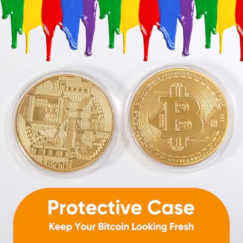 6PCS Gold Plated Bitcoin Coins – Physical BTC Cryptocurrency Collectible, 40mm Commemorative Souvenir Coins with Clear Protective Case, Gifts for Crypto Enthusiasts & Coin Collectors