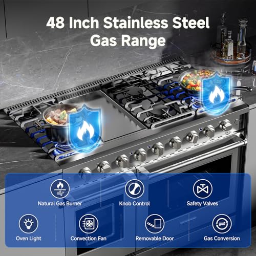 AAOBOSI 48 Inch Freestanding Gas Range Ovens with 7.0 cu.ft Large Capacity Double Convection Ovens, 6 Sealed Burners Plus Iron Grill Burner, Stainless Steel Gas Range Stove with NG/LPG Convertible