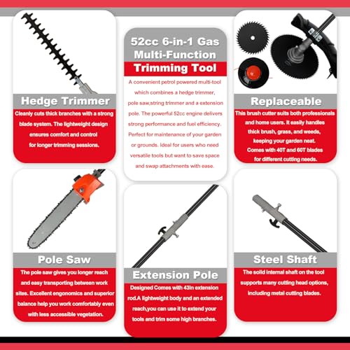 6-in-1 Gas Weed Wacker with Hedge Trimmer, 52CC 2-Stroke String Trimmer/Weed Trimmer/Brush Cutter/Edger, Weed Eater Gas Powered with Extension Pole – Weed Trimmer for Lawn & Garden Care, Orange