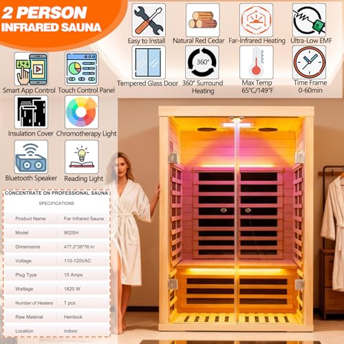 Smart App Control 2 Person Ultra Low EMF (＜5mG) Far Infrared Sauna for Home,1780W Hemlock Indoor Sauna Spa with Touch Panel, Insulation Cover, Bluetooth Speaker, Chromatherapy Light, Reading Light