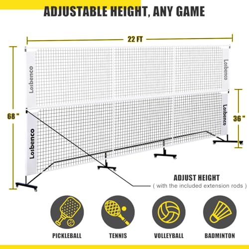 Losbenco Portable Pickleball Net with Wheels - 6-in-1 Adjustable Height Metal Frame Mesh, Standard Size 22FT, Pickleball, Tennis, Volleyball, Football Backyard Outdoor Game Net for Adults and Kids