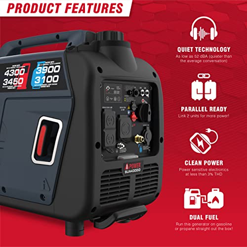 A-iPower 4300-Watt Dual Fuel Portable Inverter Generator, RV Ready Lightweight w/CO Sensor for Backup Home Use, Tailgating & Camping, CARB Compliant (SUA4300iD)