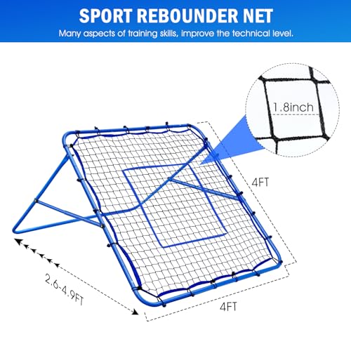 Winthai 4x4FT Volleyball Rebounder Net, Soccer Rebounder Pitchback Net with 2 x 6-Angle Quick Adjustments, Target Ribbon for Precision, Easy Quick Setup,Ideal for Baseball Softball and Sport Training