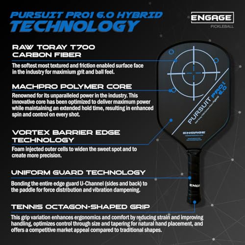 Engage Pursuit Pro1 6.0 Hybrid Carbon Pickleball Paddle - 8.0 oz, 15.2mm MachPro Core, Raw Toray T700 Carbon Fiber, Made in USA (Carbon-Sky,Hybrid)