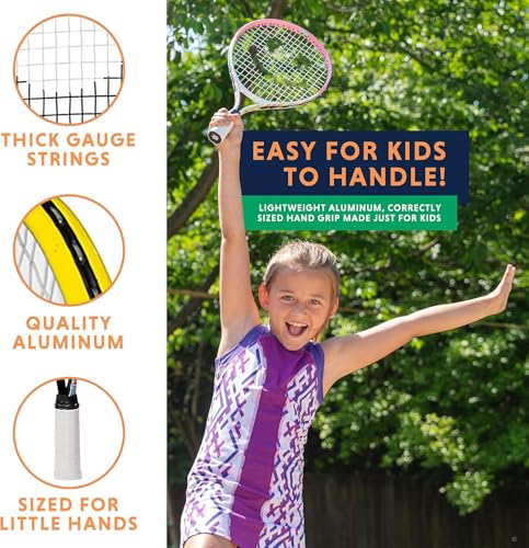 Kids Tennis Racket with Training Videos – 19 Inch Aluminum Youth Tennis Racket with Neoprene Handle for Children Age 5-12 – Learn Faster and Play Better by Street Tennis Club, Pink/White