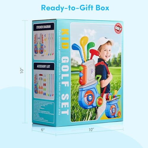 PJG Toddler Golf Set, Plastic Kids Golf Clubs Ages 1 2 3 4 5 Years Old with 4 Golf Clubs and 10 Balls, Indoor and Outdoor Toddler Golf Toys with Cart for Boys and Girls Birthday (Blue)