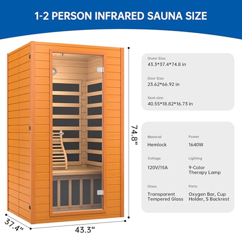 RESTISLAND Infrared Sauna Room for Home, Near Zero EMF Indoor Home Sauna for up to 2 Person with Infrared Red Light Therapy, Bluetooth Speakers, Canadian Hemlock Wood