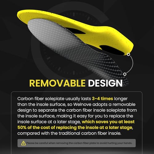 Welnove Detachable Carbon Fiber Insoles - Aerospace-Grade Carbon Fiber - Lightweight - Breathable Fabric - High Arch Support - Running, Pickleball, Basketball & Daily Wear