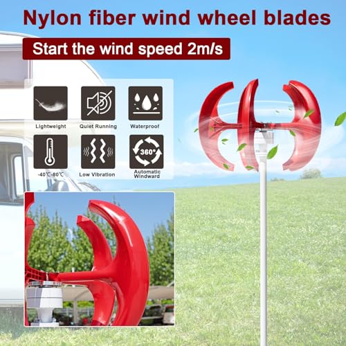 1000W Wind Turbine Generator, 12V/24V Vertical Wind Power Generator for Home Use with 5 Nylon Blades, Low Noise & High Efficiency Red