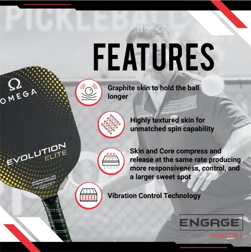 Engage Pickleball Omega Evolution Elite Pickleball Paddle - Pickleball Paddles with Polymer Core - USAPA Approved Pickleball Paddles Pickleball Rackets for Adults (Black and Gold)