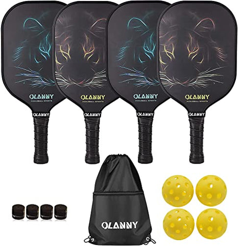 OLANNY Pickle Ball Raquette Set of 4 Lightweight Pickleball Paddle Set Premium Comfort Grip Polymer Honeycomb Core Set of Four Paddles,4 Replacement Soft Grip,4 Balls & Drawstring Bag