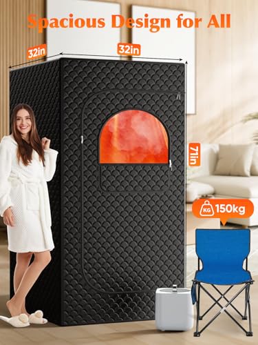 Portable Sauna Box for Home, Personal SPA Steam Sauna with 10 Min Fast Heating & 9 Levels Heat, Warm Sauna Tent with 3L/1200W Steamer, Folding Chair, Remote Control for Body Relaxation,32" x 32" x 71"