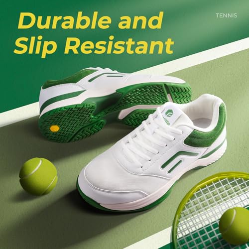 FitVille Wide Pickleball Shoes for Men, Wide Tennis Shoes for Men, Hard Court, Clay Court, Racquetball, Squash, Breathable, Comfortable, Lightweight, White Green, 9.5
