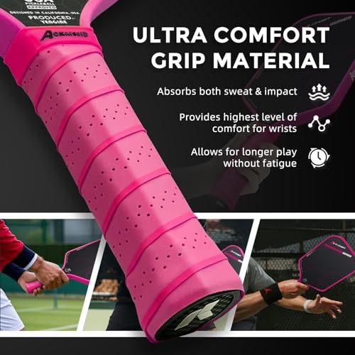 AKS Performance Series Pickleball Paddles - Toray T700 Raw Carbon Fiber Pickleball Paddle with Physical Friction Surface, 16mm Powerful Polymer Core, Good Control & Spin Shots, USAPA Approved - Pink