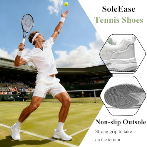 SoleEase Men's Tennis Shoes, Lightweight Breathable Non-Slip Athletic Sneakers for Men & Women Playing Pickleball Table Tennis & Badminton(803White,42)