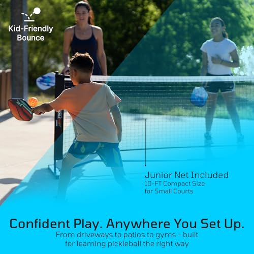 PicklePro Junior – Complete Pickleball Set with 10ft Net for Youth & Families – Includes 4 Junior Paddles, 4 Pickleballs, Carry Bag & Portable Net – USAP Approved Beginner Pickleball Kit