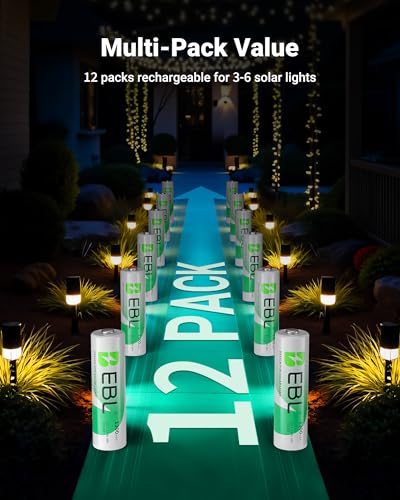 EBL Solar AA Battery Rechargeable Batteries for Outdoor Solar Lights, 1300mAh NIMH Pre-Charged 1.2V Recharge up to 1200x Times for Garden Landscaping String Lights, Pack of 12