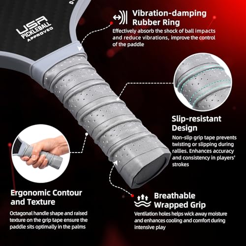 BAGAIL Pickleball Paddles, USAPA Approved Fiberglass Surface Pickleball Set, Lightweight Pickle Ball Rackets with 4 Balls, 1 Bag, Designed in California for Traction and Stability - 2 Pack, Gray