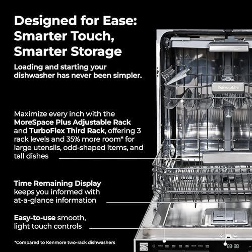 Kenmore Elite 24" Built-In Dishwasher - UltraWash Plus, TurboDry, QuietWash, SmartWash, TurboFlex Third Rack & Reach-Thru Handle - 15 Place Settings - 42 DBA - ENERGY STAR Certified - Stainless Steel
