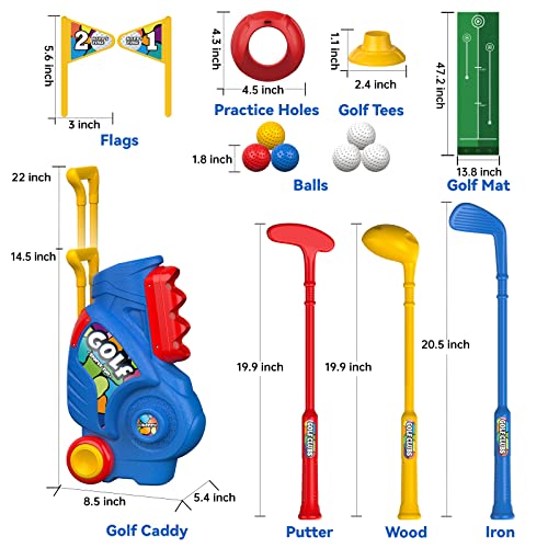 Liberry Toddler Golf Set with Putting Mat for 2 3 4 Years Old Boys Girls, Upgraded Kids Golf Cart with Unique Shoulder Strap Design, Indoor and Outdoor Golf Toys Gifts