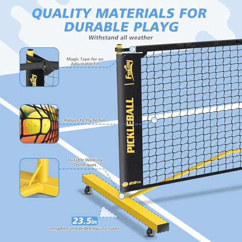 Fostoy Portable Pickleball Net with Wheels, Pickleball Set with 4 Fiberglass Paddles & 6 Pickleballs, Carry Bag, for Backyards Driveways and Garages (22ft & 11ft Net with 4 Fiberglass Paddles)