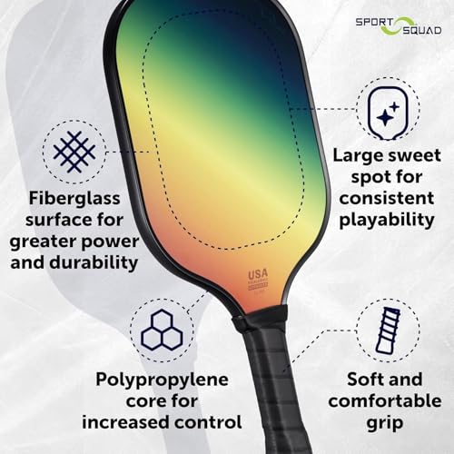 Sport Squad Lightweight Graphite Fiberglass Pickleball Paddle Designed for More Power and Consitency - Polypropylene Honeycomb Core - USAP Approved - Tacky Cushion Pickleball Grip - for Kids + Adults