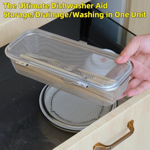Dishwasher Basket, Basket for Dishwasher, Stainless Steel Dishwasher Silverware Basket, Replacement Dishwasher Accessories Rectangular Mesh Drain Dishwasher Basket for Small Items Kitchen (Large)