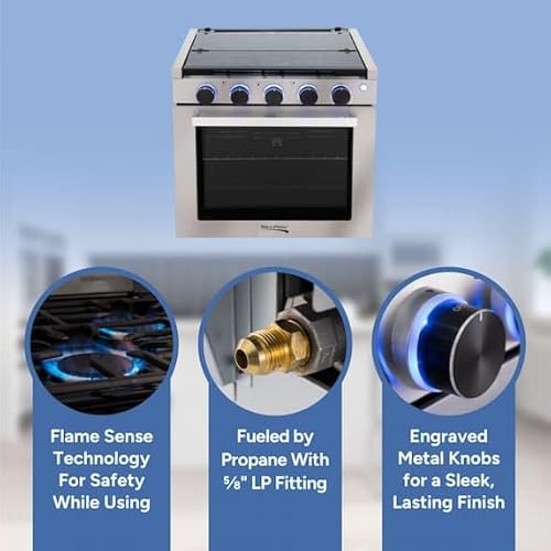 RecPro RV Stove Black Finish | Gas Range 21" Tall | 6500 and 8000 BTU Three Burner | 7100 BTU Oven with 1.8 Cu. Ft Capacity | Optional Vented Range Hood