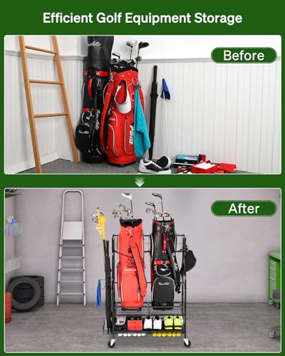 FHXZH Golf Bag Storage Garage Organizer - Golf Bag Stand Fit for 2 Bag, Extra Clubs, Balls, Shoes, and Golf Equipment Accessories, Golf Storage Rack for Garage, Club, Shed (2 Golf Bag Rack)