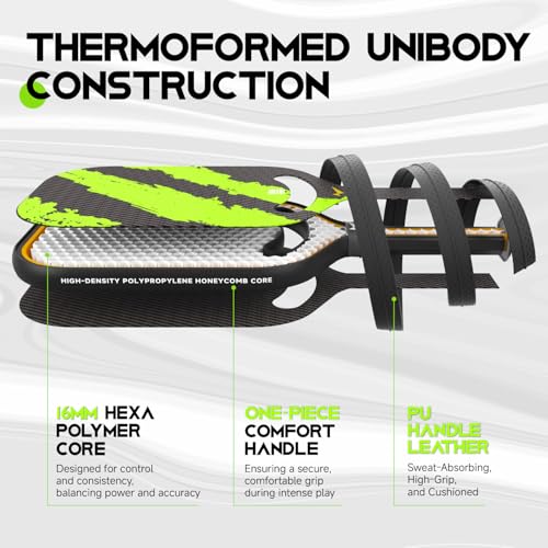 Warping Point Ascent Pickleball Paddles | Carbon Fiber Pickleball Racket with Aero Throat | Textured Grit Surface | 16mm Hexa Polymer Core | USAPA Approved | Designed for Control & Spin | Green