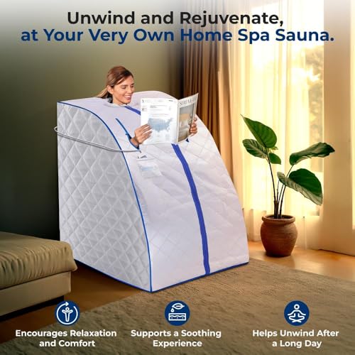 SereneLife Portable Sauna Box for Home, Infrared Sauna Tent with Heated Foot Pad and Folding Chair, Remote Control In-Home Spa, 38" x 32”