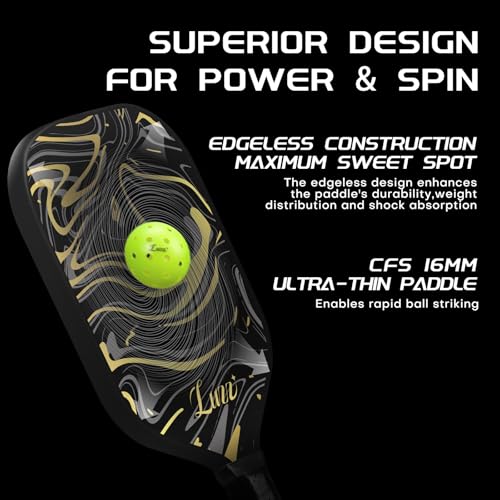 LUZZ Frameless Pickleball Paddle, Ultra Thermoformed GoldenVeil(16mm) T700 Carbon Fiber No Edge Pickleball Paddles Friction Surface for Spin Edgeless Pickle Ball Rackets for Players