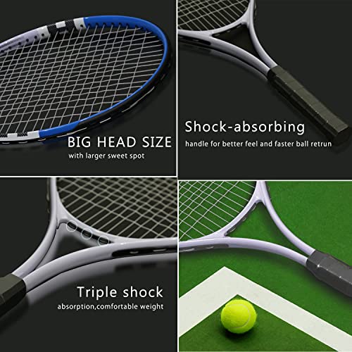 Tennis Racket Pre-Strung Lightweight 27 Inch Racquet Recreational Adult Rackets for Men Women Students Training Tennis Starter Kit with Balls,Carry Bag and Overgrips (Blue/White - 2 Rackets)