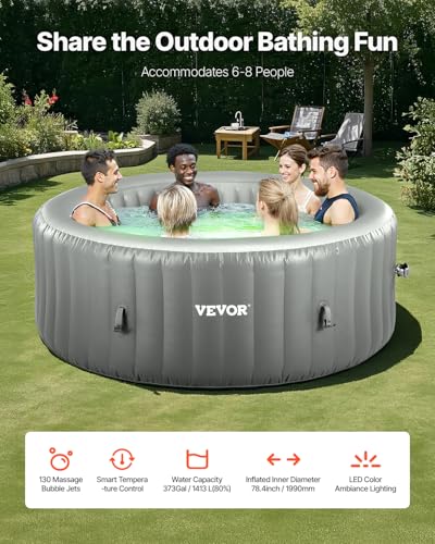 VEVOR Inflatable Hot Tub, 6 to 8 Person Capacity, 94.5 x 26in Round Portable Outdoor Spa, with 130 Soothing Jets, Headrest, LED Light, Cover, Multi-Function Control Panel, PVC Outdoor Hot Tub, Grey