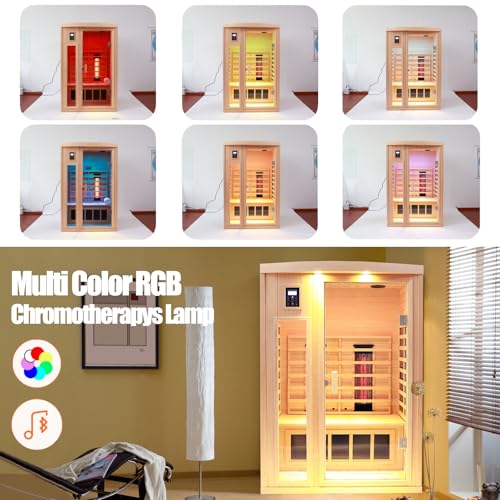 KUNSANA Ceramic Infrared Sauna, 2 Person Infrared Saunas for Home, Hemlock Wood Sauna Room, 2 in 1 Indoor Sauna with Low EMF Heaters + Ceramic Heating Cubes-Chromotherapy-Bluetooth Speaker