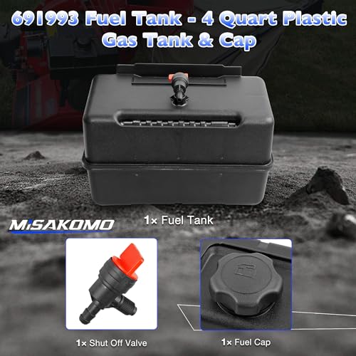 Misakomo 691993 Fuel Tank - 4 Quart Plastic Gas Tank with Shut Off Valve and Cap - Fuel Gas Tank Compatible with Lawn and Garden Equipment Engines - Lawnmower Gas Tank for Remote Mounting