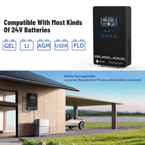 SUMRY Hybrid Solar Inverter, 4000W DC 24V to AC 120V Pure Sine Wave Power Converter, Glass Top Cover with LCD Display, 140A MPPT Charge Controller, Supports Battery-Less or AGM Lithium Battery