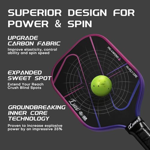 Luzz Pickleball Paddle, Thermoformed Purple Inferno 3D Grooved Carbon Fiber Pickleball Paddles Microporous Polymer Core Exceptional Spin and Power 16mm Composite Pickle Ball Rackets for Players