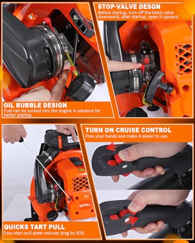 Getell 80cc Gas Backpack Leaf Blower, 900CFM 206MPH 2-Stroke Engine, Heavy-Duty Leaf & Snow Blower for Lawn, Garden & Commercial Use (853 EZ)