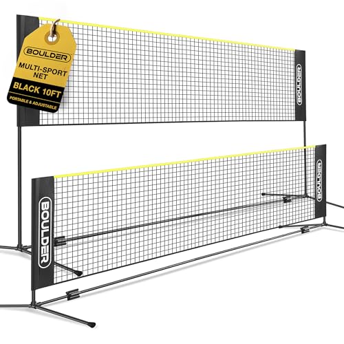 BOULDER Portable Badminton Pickleball Net - Foldable / Extendable Poles for Multiple Sports Heights (UP to 5 ft) - Ideal for Tennis, Pickleball, Soccer Tennis - Easy Setup (Black, 10 FT)