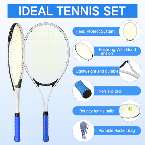 Motionchic 4 Pcs Tennis Rackets for Adult Recreational 4 Players 27" Tennis Racquet Lightweight Tennis Racket with 3 Tennis Balls for Training Beginners with Overgrips Carry Bag (White)