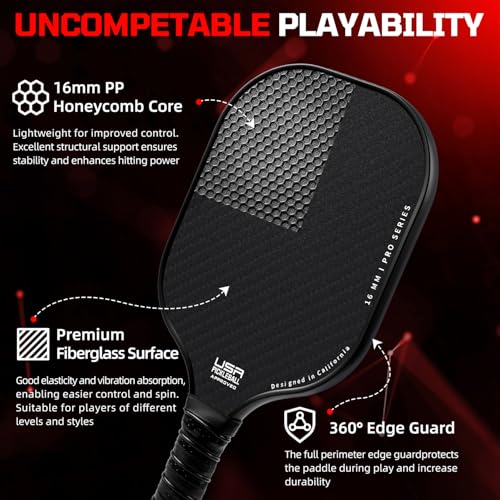 BAGAIL Pickleball Paddles, USAPA Approved Fiberglass Surface Pickleball Set, Lightweight Pickle Ball Rackets with 4 Balls, 1 Bag, Designed in California for Traction and Stability - 2 Pack, Black