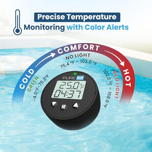 Pure55 PlungeGauge 3-in-1 Cold Plunge Thermometer with Clock & Timer - Ice Bath Water Thermometer with Easy 3-Button Control - Floating Design & IPX7 Waterproof with Audible Beep & LED Indicators
