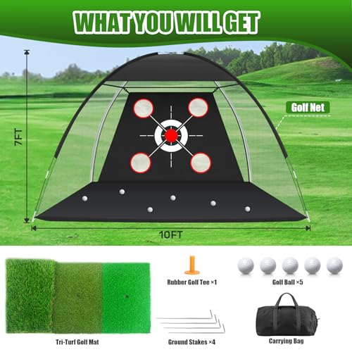MFNMFN Golf Net with Practice Mat,Golf Hitting Aid Nets 10x7FT for Backyard Driving Chipping Training Swing,Gifts for Men Dad Him and Golfer