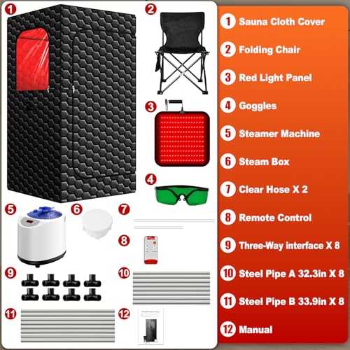 bsdonte Infrared Sauna Box, 160 LEDs Red Light Sauna Steam Room, Portable Steam Sauna Tent with Red Light Therapy, 3L/1200W Steamer, 15 Heating Levels, Chair, Indoor Saunabox for Home Steam Spa